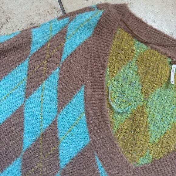 Free People V-Neck Argyle Sweater - Brown and Blue - Picture 3 of 4